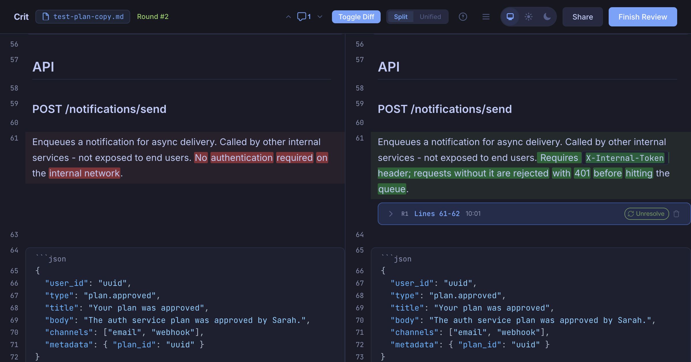 crit.md diff view of test-plan-copy.md showing API security change: replacing ‘No authentication required on the internal network’ with ‘Requires X-Internal-Token header; requests without it are rejected with 401.’ JSON payload example for POST /notifications/send endpoint visible below.