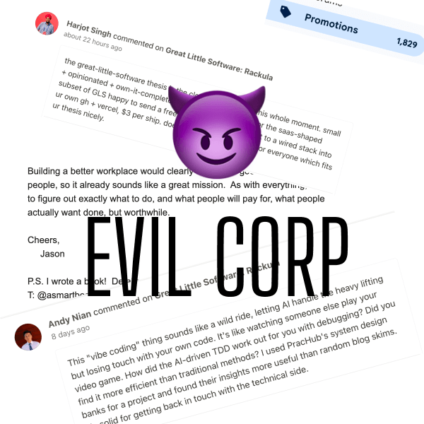 😈 EvilCorp fictional logo stamped over commercials varying from AI slop to thoughtful messages with push to buy a book and a Promotion tag from mail counting 1829 unread emails