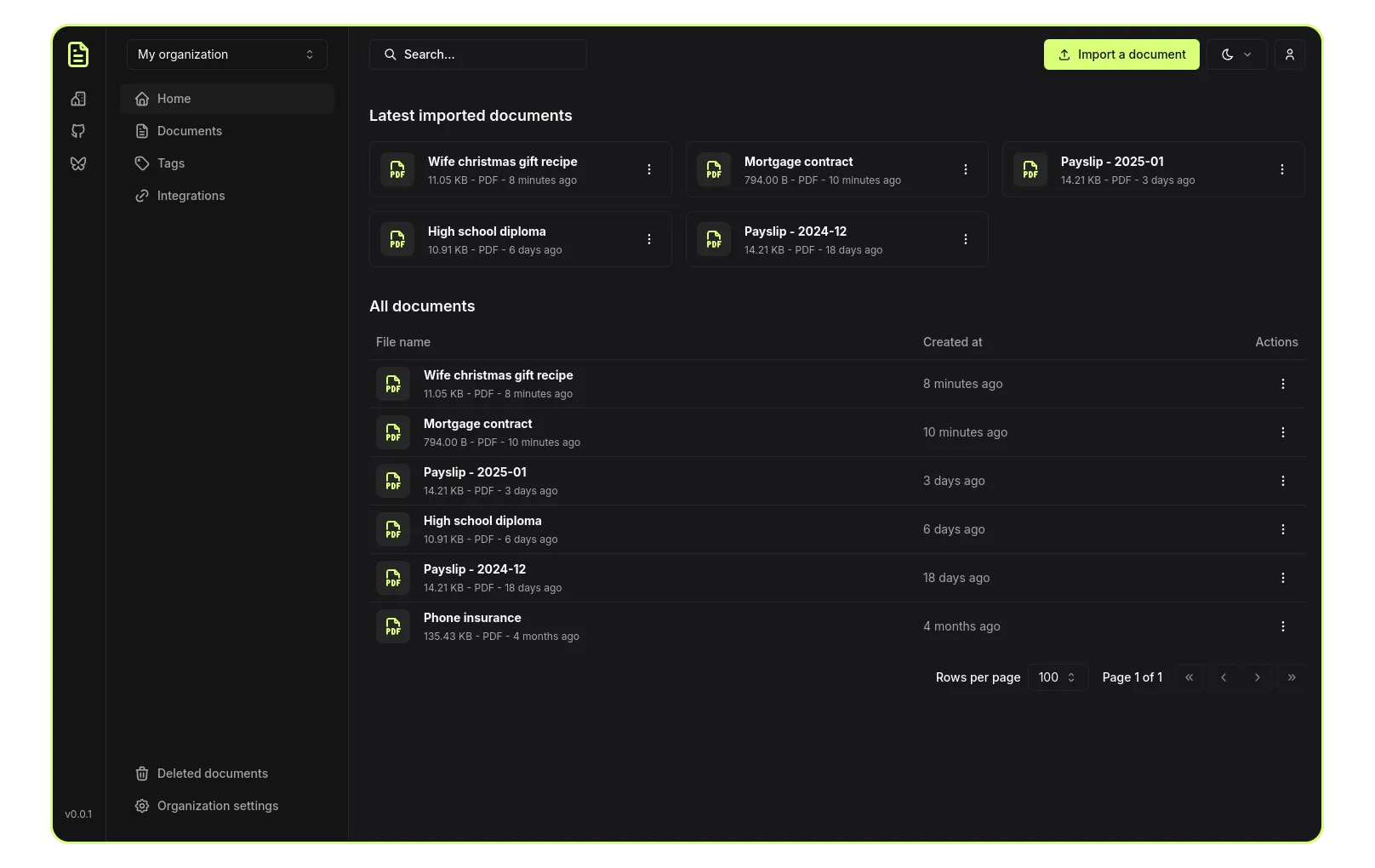 Papra screenshot showing latest imported documents such as "Wife christmas gift recipe" and payslips as well as "All documents" section with insurance, mortgage and high school diploma