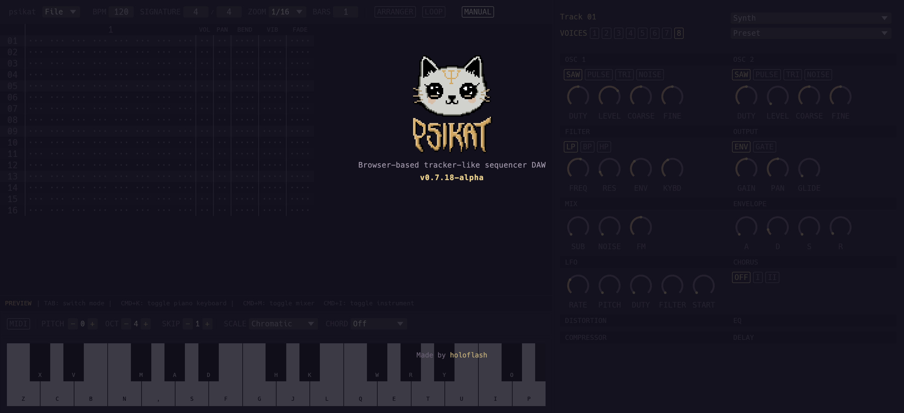 Pixel art cat - logo of psikat, followed by "Browser-based tracker-like sequencer DAW, v0.7.18-alpha, made by holoflash" over the interface of psikat with prominent piano keyboard at the bottom