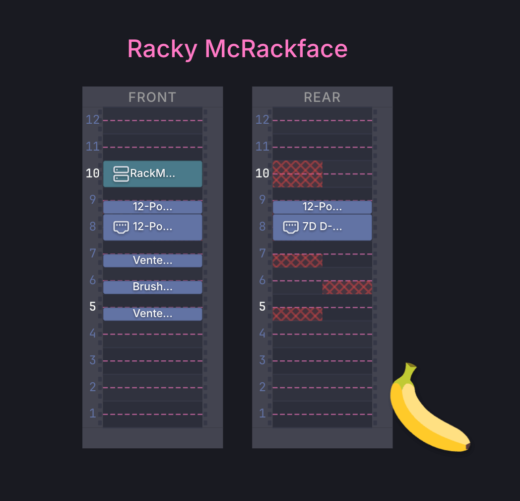 Racky McRackface server rack diagram with a banana SVG next to it