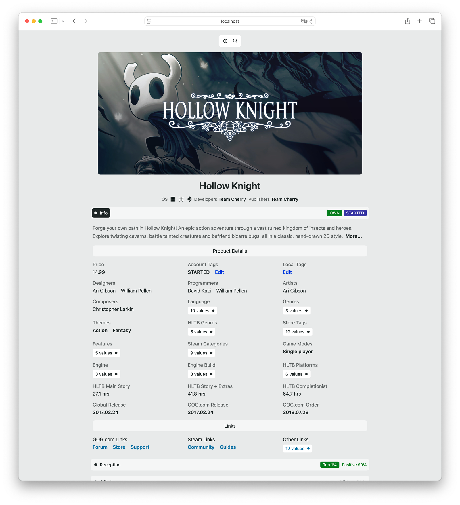 Game Hollow Knight page running on localhost with metadata about developers, designers, composers and artists that created it, alongside with the genres, categories and features. Labeled OWN and STARTED