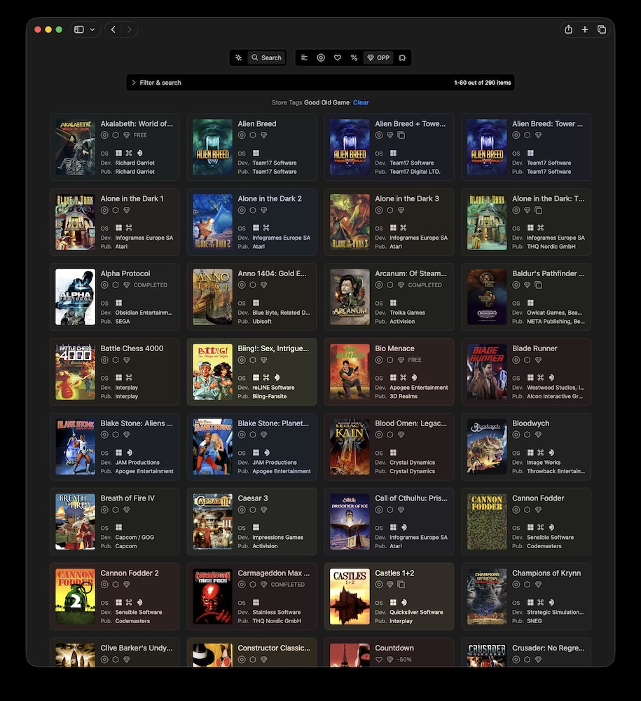 Dark themed catalog of games in alphabetical order with a search on the top, featuring titles like Alone in the Dark, Anno 1404 and Arcanum. The view folds at “C” indicating that there’s much more of them